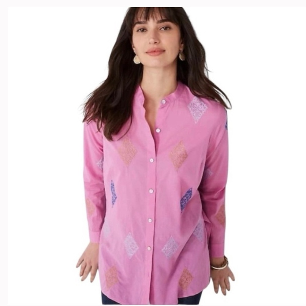 J. Jill Embroidered Button-Front Cotton Tunic -‎ Medium - Pink w/Blue/Tan/Silver